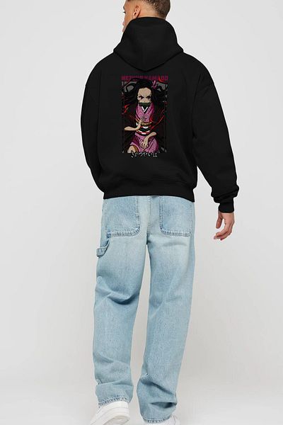 Ankhises Nezuko Kamado 1 Hanorac negru oversize cu glugă, cu imprimeu pe spate, bărbați, femei