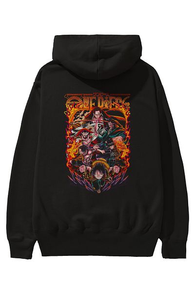Ankhises ONE PIECE (3) Hanorac negru supradimensionat cu glugă, cu imprimeu pe spate, bărbați, femei