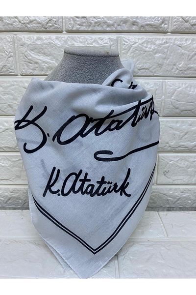 sema aksesuar Unisex White Atatürk Signature Cotton Fabric Scarf - 23 April, 29 October, 10 November, 19 May