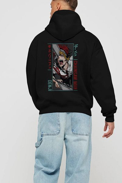 Ankhises Hanorac cu glugă supradimensionat negru cu model anime Denji Chainsaw Man - bărbați și femei