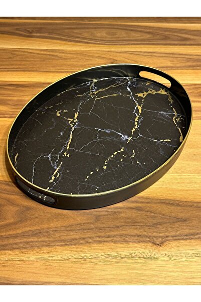 Panoramas Home Siyah Gri Sarı Mermer Desen Büyük Oval Servis Çay Kahve Sunum Tepsisi