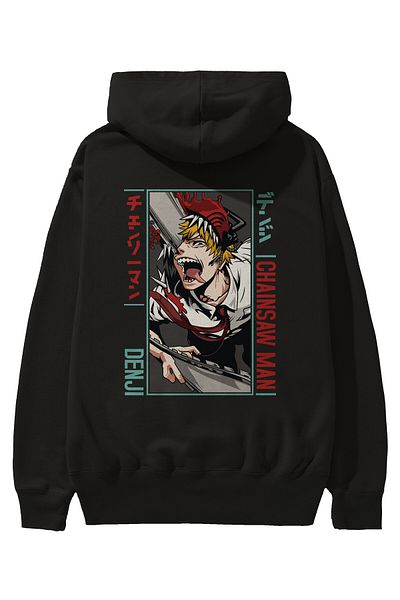 Ankhises Hanorac cu glugă supradimensionat negru cu model anime Denji Chainsaw Man - bărbați și femei