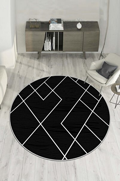 Lavita Home Dijital Baskı Yıkanabilir Kaymaz Siyah Yuvarlak Salon Halısı Mutf...
