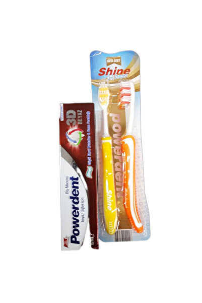 POWERDENTSHINE معجون أسنان 75 مل بودرة أسنان + فرشاة أسنان شاين مجموعة من 2