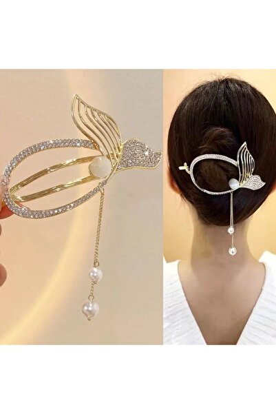 QUEEN AKSESUAR Metal Mermaid Fish Tail - Women's Latch Buckle with Rhinestones and Pearl Chain