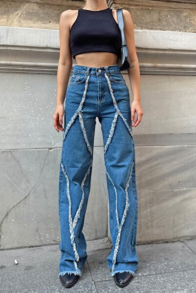 Swist Blue Flared High Waist Tassel Detail Women's Denim Pants