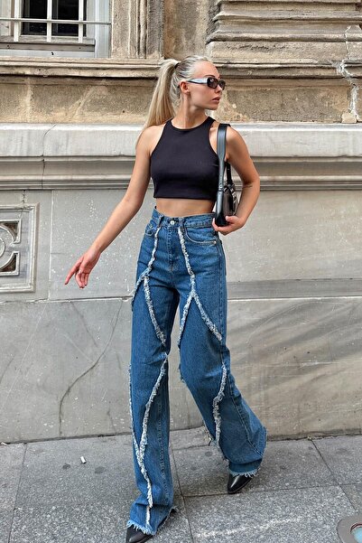Swist Blue Flared High Waist Tassel Detail Women's Denim Pants