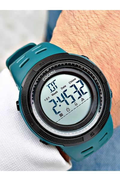 Cockpit Digital Men's Wristwatch with Silicone Strap 5 ATM Waterproof Alarm and Illuminated Stopwatch