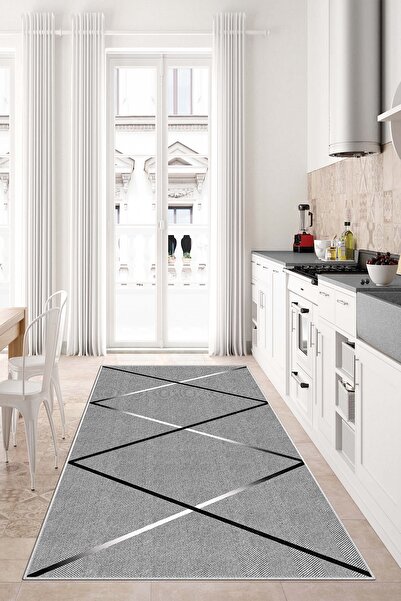 Lavita Home Dijital Baskı Yıkanabilir Kaymaz Gri Salon Halısı Mutfak Halısı Y...