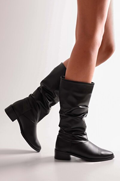 Shoeberry Női Jerica fekete bőr, szegélyezett lapos csizma, fekete bőr