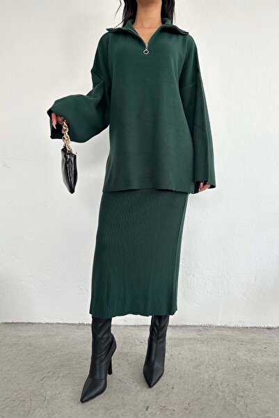 Eka Γυναικεία σμαραγδένια πράσινη φούστα με ριμπ φερμουάρ 1014-3099