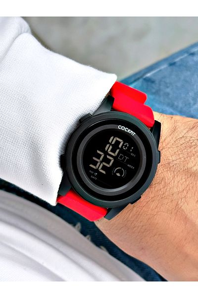 Cockpit Digital Men's Wristwatch with Silicone Strap 5 ATM Waterproof Alarm and Illuminated Stopwatch