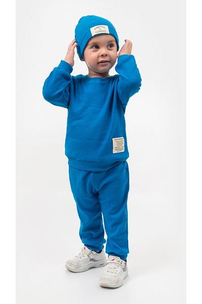 Bubito Unisex Hat Crest Detailed Waffle 3-Piece Bottom Top Set-Blue
