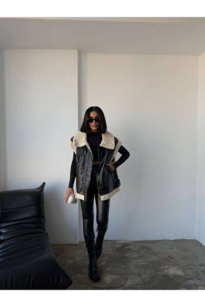 Ekim Store Women's Plush Fur Faux Leather Biker Vest