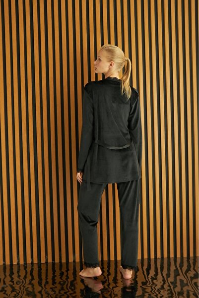 Pijamoni Kadife 3'lü Askılı Kadın Pijama Takımı 5545 - Siyah