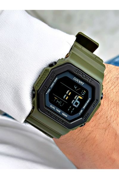 Cockpit Digital Men's Wristwatch with Silicone Strap 5 ATM Waterproof Alarm and Illuminated Stopwatch