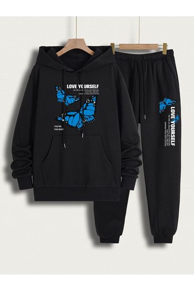YUVEST BLACKROCK Black LOVE YOUR SELF Printed Hooded Sweatshirt and Sweatpants Tracksuit Set