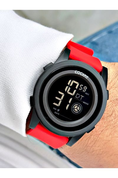 Cockpit Digital Men's Wristwatch with Silicone Strap 5 ATM Waterproof Alarm and Illuminated Stopwatch