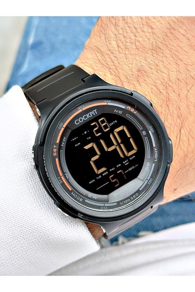 Cockpit Digital Men's Wristwatch with Silicone Strap 5 ATM Waterproof Alarm and Illuminated Stopwatch