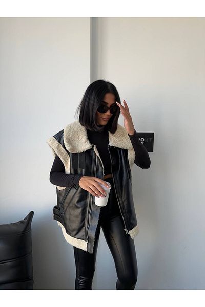Ekim Store Dámská motorkářská vesta z umělé kůže z plyšové kožešiny