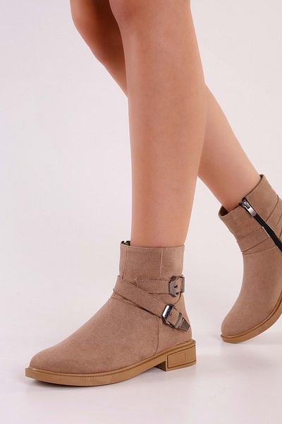 Shoeberry Damen-Sukie-Stiefel aus Nerz-Wildleder mit Schnalle und flachem Absatz, Nerz-Wildleder