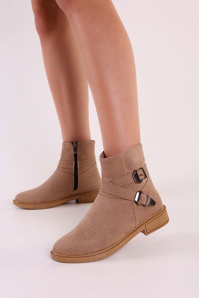Shoeberry Damen-Sukie-Stiefel aus Nerz-Wildleder mit Schnalle und flachem Absatz, Nerz-Wildleder