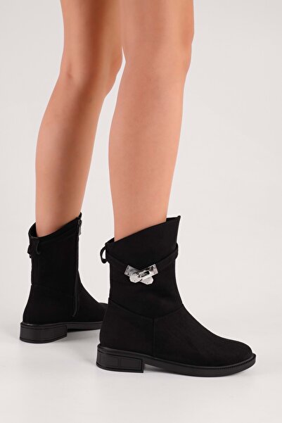 Shoeberry Γυναικείες Mayslie Black Suede Πόρπες Flat Heeled Boots Black Suede