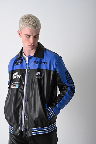 Slatra Men's Blue Racing Biker Fully Embroidered Lined Leather Jacket