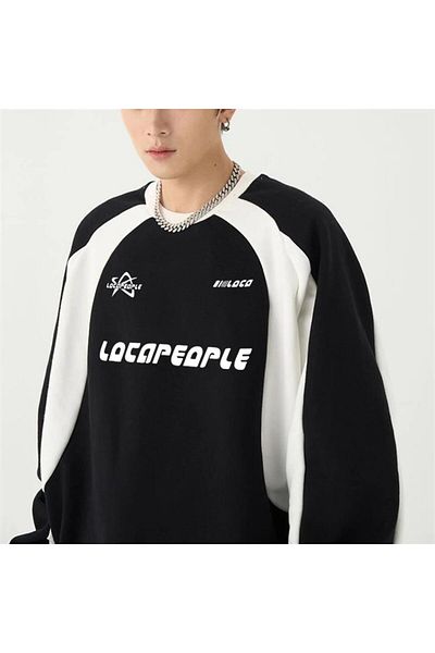 Gofeel Day Light Locapeople Printed Line Detail Unisex Oversize Crew Neck Black Sweatshirt
