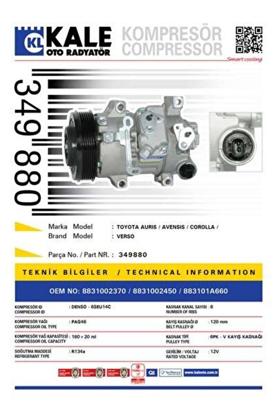 KALE KLIMA KOMPRESORU TOYOTA AURIS COROLLA 1.6 2007-2012 AVENSIS 2008- 6PK V ...