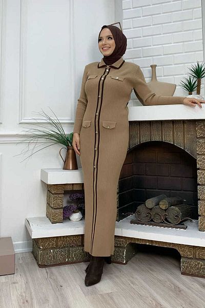 Bym Fashion Κουμπί Λεπτομερής Pocket Look Πλεκτό στενό φόρεμα 23312 Tan