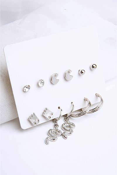 EUROMODA Pac-Man Figures Designed Silver Colored Patterned Hoop Solitaire and Ball Earring Set of 6 Unisex Earrings