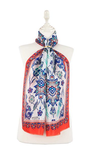 Bursa İpek Red Navy Blue Tile Tulip Voile Silk Scarf