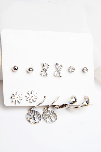 EUROMODA Yaşam Ağacı , Çiçek ve Sonsuzluk Figürlü Gümüş Renkli Halka Tektaş ve Top Küpeli 6lı Küpe Set