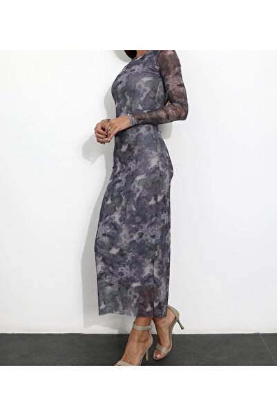 elegante moda Uzun kol astarlı Tül elbise