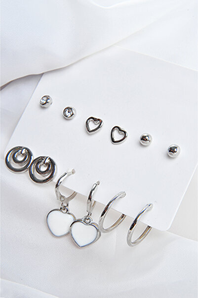 EUROMODA Kalp Figürlü Özel Sembollu Gümüş Renkli 12li Küpe Seti