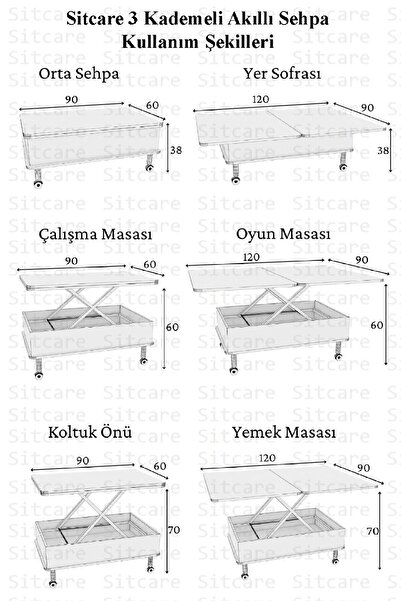 kolexonline Lisa Tekerli Sihirli Sehpa Akıllı Masa Yemek Masası Çekmeceli Antrasit Renk
