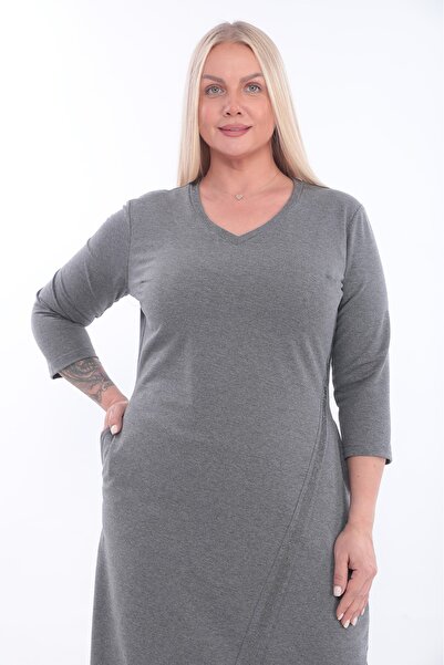 etselements Γυναικείο φόρεμα με λαιμόκοψη σε σχήμα V με λεπτομέρεια από πέτρα με λωρίδες, ίσιο μίντι φόρεμα μεγάλου μεγέθους