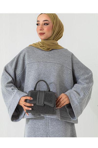 lovebox Cotton Fabric Wide Sleeve Oversize Sweatshirt Flared Skirt Gray Hijab Suit 6186