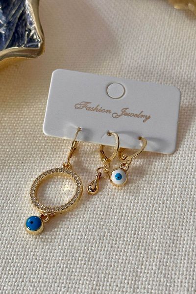 Trendy Butik طقم حلق بحجر الزركون وقطرة وعين الشر