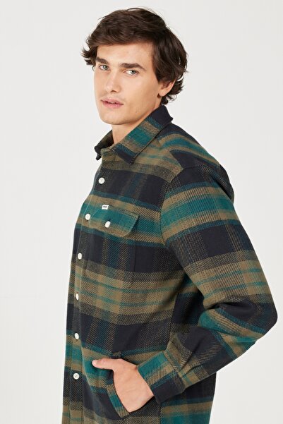 WRANGLER Loose Fit Relaxed Fit 100% Cotton Green Plaid Long Sleeve Shirt