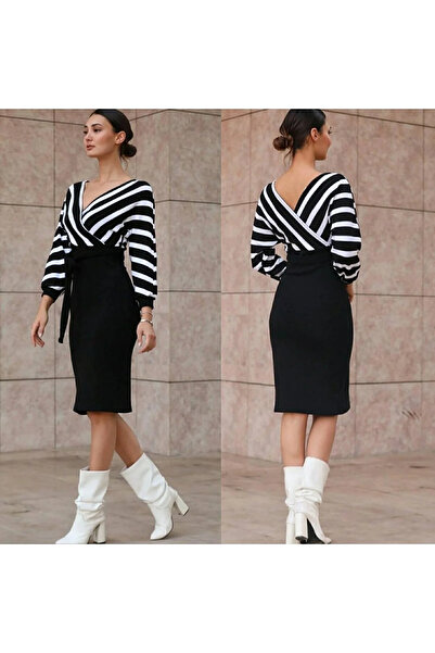 Esinty Kadın Siyah-beyaz Çizgi Desenli Kruvaze Yaka Midi Boy Triko Mezuniyet Düğün Nikah Elbisesi