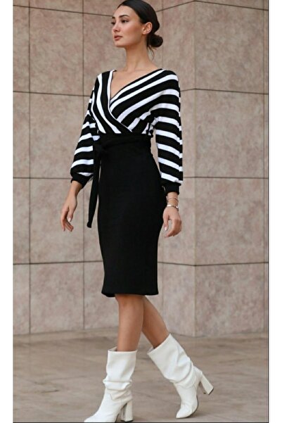 Esinty Kadın Siyah-beyaz Çizgi Desenli Kruvaze Yaka Midi Boy Triko Mezuniyet Düğün Nikah Elbisesi