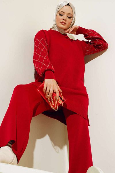 benguen 11014-15 Beaded Sleeves Knitwear Double Suit Red