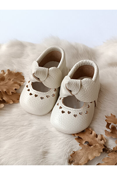 Hodore Alice Ribbon Ecru Genuine Leather Baby Loafer Booties