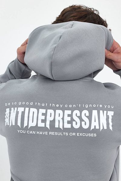 MADZEYMODA Pánská oversize šedá mikina se 3 vlákny a zvýšenou kapucí s potiskem