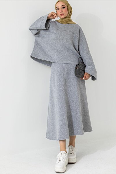 lovebox Cotton Fabric Wide Sleeve Oversize Sweatshirt Flared Skirt Gray Hijab Suit 6186
