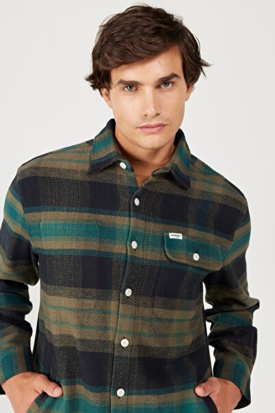 WRANGLER Loose Fit Relaxed Fit 100% Cotton Green Plaid Long Sleeve Shirt
