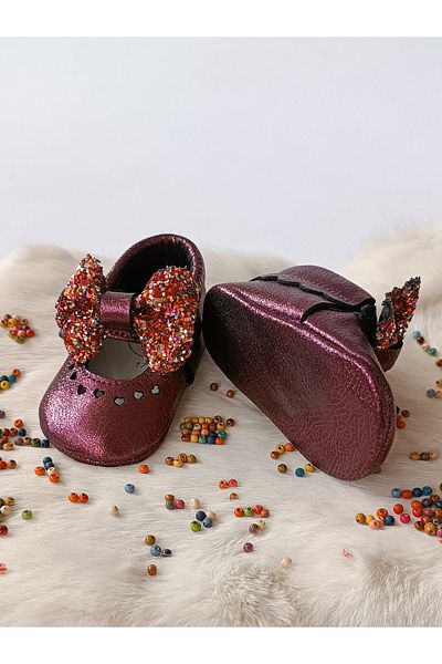 Hodore Alice Glitter Claret Red Genuine Leather Baby Loafer Booties