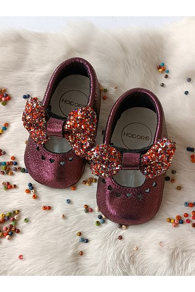 Hodore Alice Glitter Claret Red Genuine Leather Baby Loafer Booties